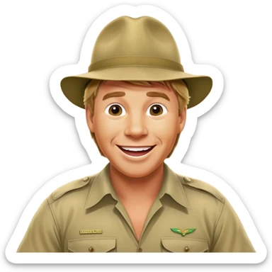 Cinematic Realistic Steve Irwin Portrait Emoji, depicted as a passionate wildlife expert in his signature khaki attire with an enthusiastic smile and a backdrop of the Australian outback, rendered with vibrant textures and dynamic natural lighting that captures his adventurous spirit. sticker