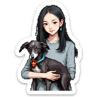 Slim Chinese girl with long black hair petting a completely solid dark grey Italian greyhound with absolutely no white anywhere on its body sticker