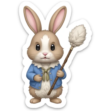 A fluffy rabbit with messy fur, carrying a patched little pouch tied to a stick, ears drooping but expression soft.
 sticker