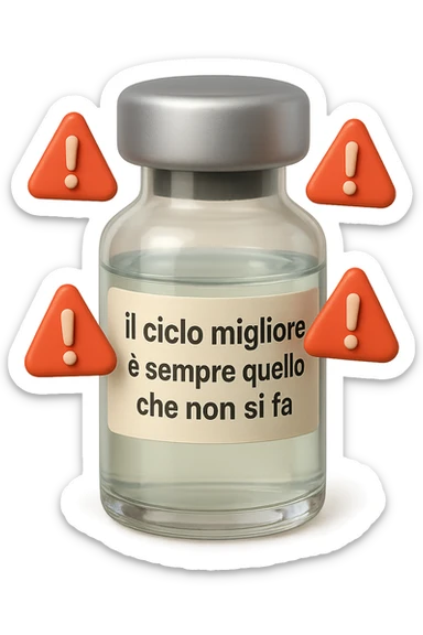 SU QUESTO STILE FAI UN EMOJI STILE IPHONE 3D DI UNa boccetta di fiala medica attorno alla quale fluttuano segnali di pericolo, sull'etichetta della boccetta c'è scritto "il ciclo migliore è sempre quello che non si fa", FALLO MOLTO REALISTICO IN 3D sticker