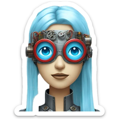 Light blue long hair female cyborg head with red steampunk goggles and circuits sticker