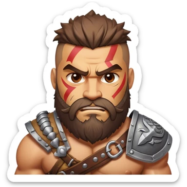 Clash of Clans aesthetic: Cinematic Rugged Barbarian Portrait Emoji, Intense and formidable with a heavily muscled physique, a rugged beard, piercing eyes, and battle-worn armor adorned with tribal markings, his expression fierce and resolute, Simplified yet powerfully detailed features, highly detailed, glowing with a deep, primal energy, high shine, gritty and uncompromising, stylized with an air of raw, untamed power, focused and determined, soft glowing outline, capturing the essence of a barbarian warrior carved by countless battles and poised to lead his clan into epic conflict! sticker