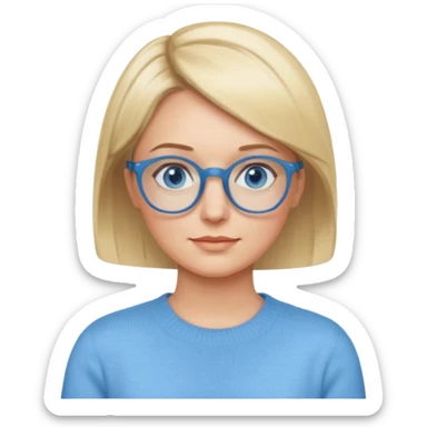 femme 40 ans cheveux courts garçon blond avec raie sur le coté, yeux bleu et lunettes rondes bleues sticker