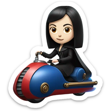 Jedi teen Morticia Addams flying a red and blue Jumpspeeder anti-gravity repulsorlift powered by an imperial speeder steampunk  sticker