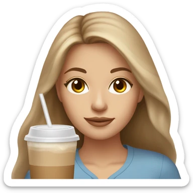 Beautiful white woman mom, long light brown hair, brown eyes, cozy holding an iced coffee sticker