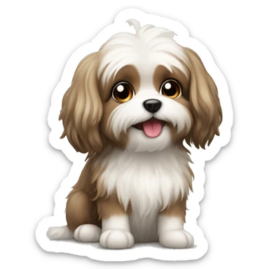 The image shows a cute illustration of a small fluffy dog ​​. Maltipu . sitting on her paws sticker
