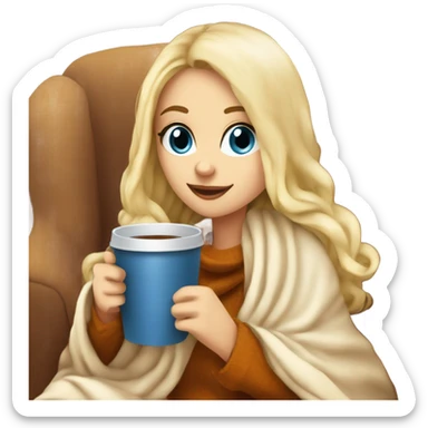 Blonde hair blue eyed white girl covered in blanket autumn vibe sitting on a cozy chair holding coffee sticker