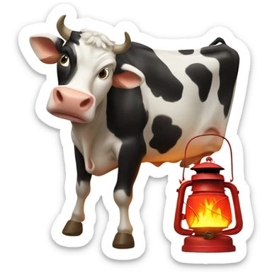 Cow kicking over a lantern staring a fire sticker