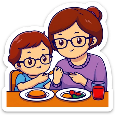 Braunhaariges Mädchen hellhäutig braune Augen, sitzend am Tisch mit Mama Rote kurze Haare und Brille und braune Augen am Essen  sticker