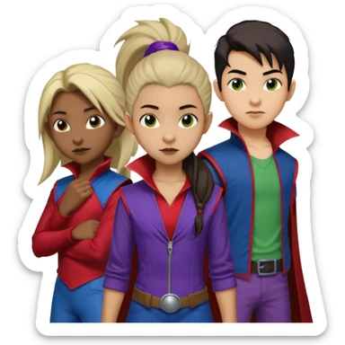 Solo poly platonic relationship, one African girl, one Asian boy, one biracial features Asian tomboy girl rat-tail hair long and upper masculine hair 90s, vampire and marvel cosplay elements inspired  use marvel race, like instead of obvious human, green purple blue etc,  sticker