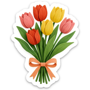 very detailed bouquet of tulips, intricate cut paper textures, vibrant colors, realistic petals and leaves, tied with a ribbon sticker