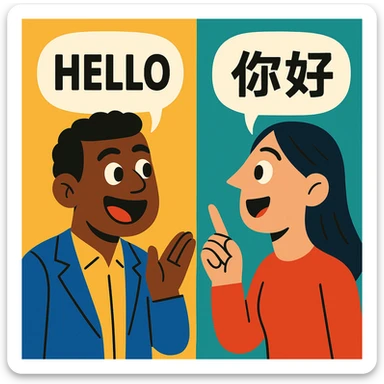 two cartoon people talking, one with English text, one with Chinese text in their speech bubbles sticker