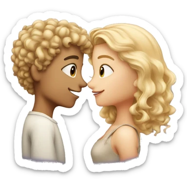 Blonde, curly haired boy and blonde, straight haired girl, kissing sticker