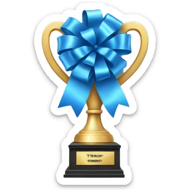 a blue trophy with a ribbon sticker