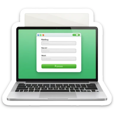 A emoji-style illustration of a laptop front facing with its screen showing onboarding form. On the screen, display a small white form card with a few simplified input fields. Add a bright green 'Next' button at the bottom of the card. sticker