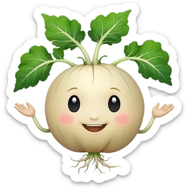 white turnip with cute smiling baby-like face and leafy stalk and cute spindly roots for hands sticker