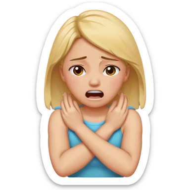 Girl mouth open crying with arms crossed grabbing neck sticker