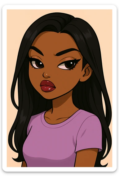 Change her outfit to a more casual style, headshot only, 20-year-old anime Bratz style woman with dark skin, straight hair, big expressive eyes, glossy lips, no hat, no tears, confident and aloof expression, snooty attitude, nose turned up. Maintain the anime Bratz style and the described facial features and expression. sticker
