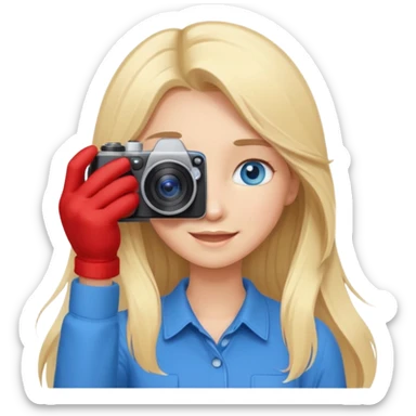  blue eyes blonde girl photographer cartoon taking picture in middle of taking picture camera in front of face long hair smiling funny flash professiona sticker
