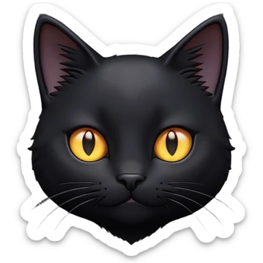 Cinematic Cute Black Cat Portrait Emoji, Head tilted playfully and inquisitively, sleek black fur with subtle hints of deep gray, Simplified yet adorable features, highly detailed, glowing with a warm, friendly glow, high shine, curious and affectionate, stylized with a touch of whimsy, bright and alert, soft glowing outline, capturing the essence of a mischievous yet loving kitten, so endearing it feels like it could pounce out of the screen and play! sticker
