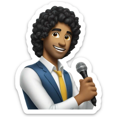 A male game show host with shoulder-length curly black hair and tanned skin holding a microphone sticker