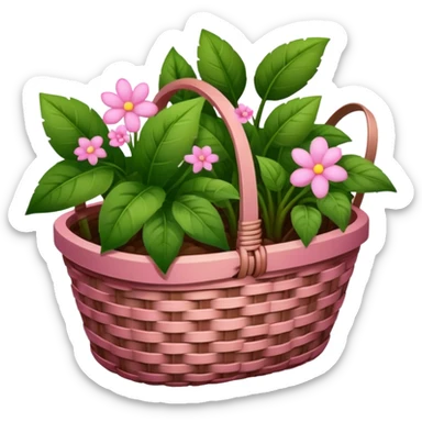 A brown basket of plants with some pink aesthetic motives on the basket in an ios 18 emoji  sticker