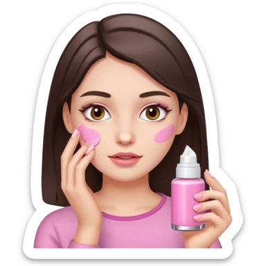 white brunette girl applying pink cream on face sticker