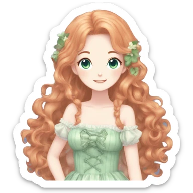 gorgeous pretty attractive anime lady beautiful hair with gorgeous dress fairycore cottagecore pastelcore detailed high quality trending VOGUE aesthetic full body ginger hair blue green eyes sticker