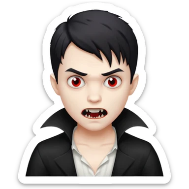 vampire boy, black edgar cut hair, white shirt, creepy expression sticker