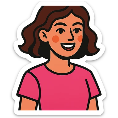 young brunette woman with short wavy hair to shoulders, wearing a pink t-shirt sticker