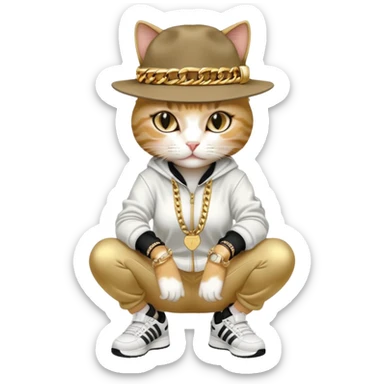 female cat dressed like Run DMC in tracksuit, fedora, Adidas shoes, lots of gold chains, rings, bracelets, earrings, whispering to a friend, no sunglasses sticker