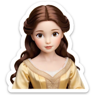 Cinematic Realistic Belle Portrait, depicted with lifelike skin texture, soft natural lighting, and intricately detailed brown hair styled elegantly. Her deep, expressive eyes exude warmth and intelligence, complemented by a serene and graceful expression. She is dressed in her classic attire, with rich fabric textures and delicate folds that catch the light beautifully. The portrait features a soft, enchanting glow with a natural, radiant finish, capturing the essence of timeless beauty in a realistic and painterly style, evoking a sense of depth and authenticity. sticker