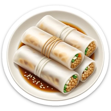 Cantonese rice noodle roll Cheung Fun with soy sauce and sesame seeds, simplified emoji style with bold outlines and bright colors, cartoon style translucent rolled rice sheets on plate sticker