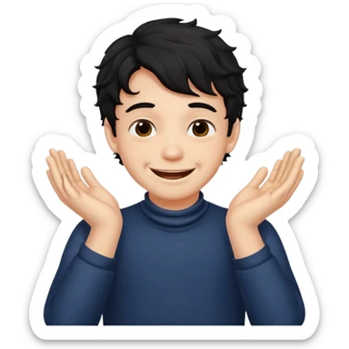 a boy with black wavy hair smiling very big but strangling his neck with his hands sticker