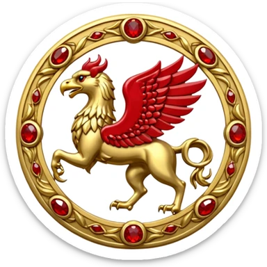 Golden griffin crest / brosch in a circle with red gems and no background sticker