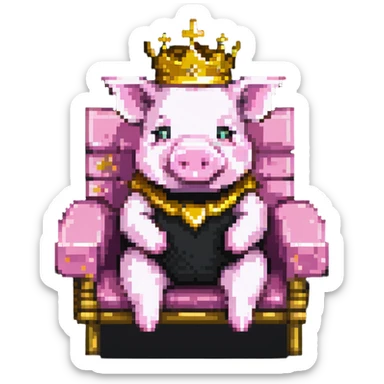 cartoon-like playful pixel art pig with a golden crown sitting on a throne, blocky and square like Minecraft, very few pixels, simple and charming sticker