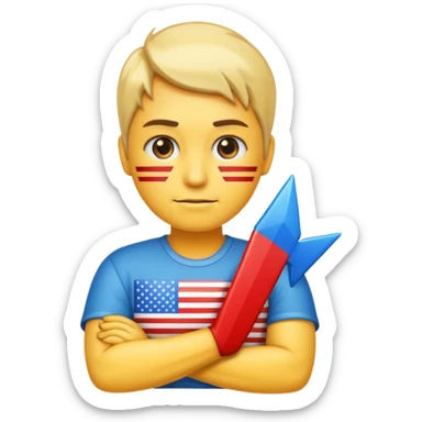 Freezing face emoji, American flag emoji, person with arms crossed emoji, glossy right-pointing arrow, all arranged in a single horizontal line, highly polished game UI style. sticker