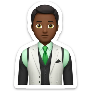 businessman, black skin, white suit vest, green tie sticker