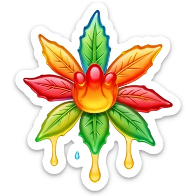 generate an emoji-style image of a juicy gummy shaped like a marijuana flower, make it colorful and with liquid dripping out sticker