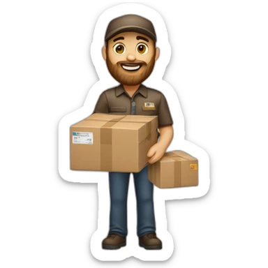 White UPS delivery man with long beard and holding boxes sticker