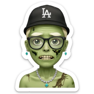 Green Zombie with black glasses dodger hat and diamonds necklace sticker