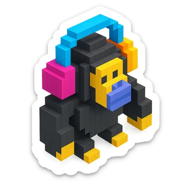 voxel style gorilla with colorful headphones, isometric view sticker