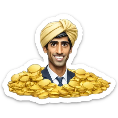 Rishi Sunak wearing a turban standing on pile of gold sticker