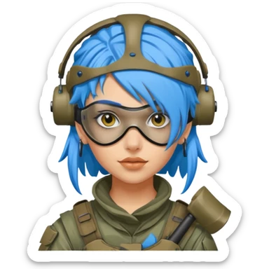 blue curly haired paintball playergirl with huge earrings, wearing paintball eye mask helmet sticker