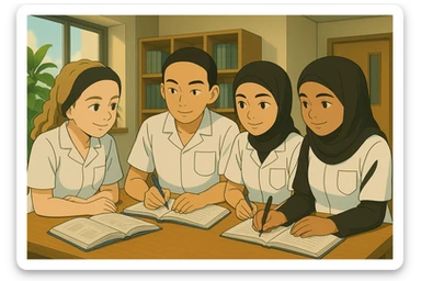 Personnaliser le groupe de quatre étudiants infirmiers, style Ghibli, en train de collaborer à l'intérieur, en utilisant les visages des quatre photos fournies, uniformes blancs à manches courtes, tuniques médicales col en V, poche poitrine à gauche, pas de pied de col, pas de stéthoscopes, avant-bras nus, cheveux longs attachés pour celles qui en ont. Décor intérieur moderne, ambiance positive. sticker