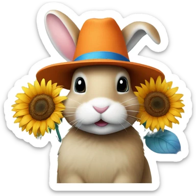 Bunny with flowers in his mouth and an orange + blue hat on top with a sunflower. sticker