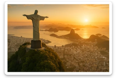 Christ the Redeemer statue on Corcovado, sunrise, lush greenery, panoramic view sticker