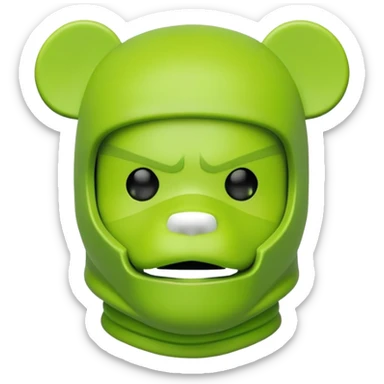 bearbrick toy wearing a lime green balaclava with angry aggressive thick eyebrows showing above the mask sticker