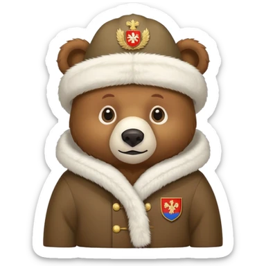 Cute brown bear in white fur ushanka hat with centered Russian coat of arms, front view, iOS emoji style sticker