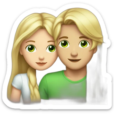 a blond boy with brown-green eyes kisses a brunette girl with long straight hair and bright green eyes on the cheek sticker